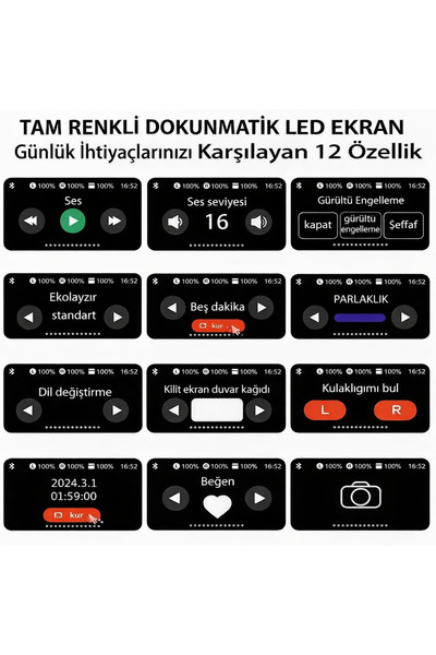 electroawm Dokunmatik Ekranlı Kablosuz Bluetooth Kulaklık LED Ekranlı HiFi Ses Kalitesi Kılıf Hediyeli