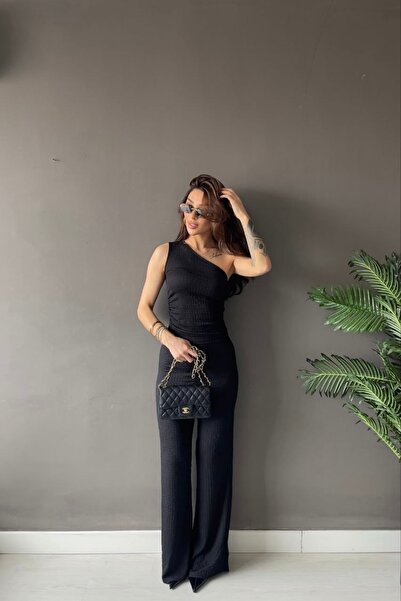 Auroveen Ασύμμετρη μπλούζα με έναν ώμο, παντελόνι με φαρδιά μπατζάκια, υφή με...