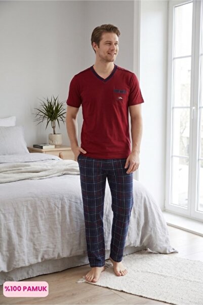 bie's Ανδρικό σετ πιτζάμες με καρό σχέδιο, χωρίς κουμπιά, με λαιμόκοψη V, 100...