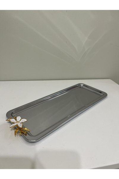 ciess dekor Stainless Steel Baton Service & Presentation Tray with White Daisy Accessories 1 Piece