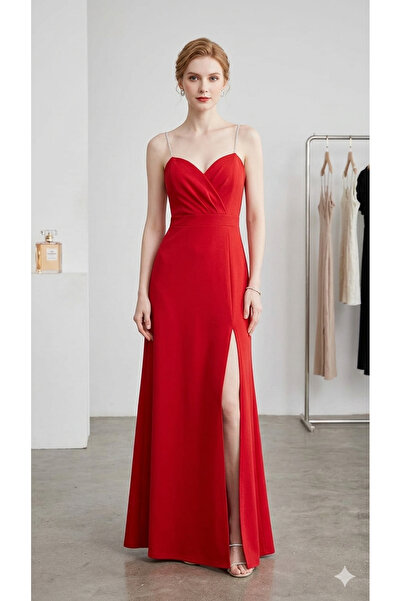 Sublime Butik Parlak Taş Askılı Kırmızı Yırtmaçlı Uzun Krep Abiye / Elbise
