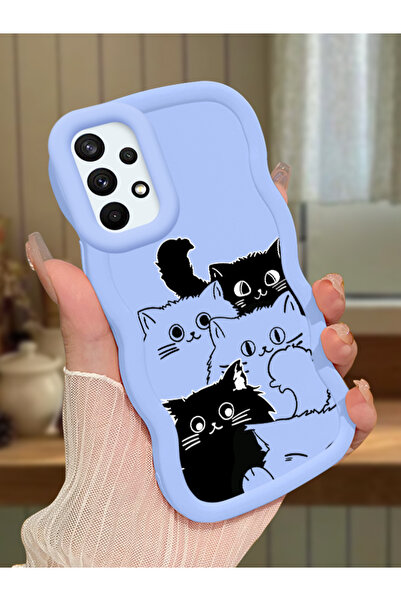 Samsung Galaxy A73 Compatible Blue Silicone Case Camera Shock Absorbing Design with Cat Pattern