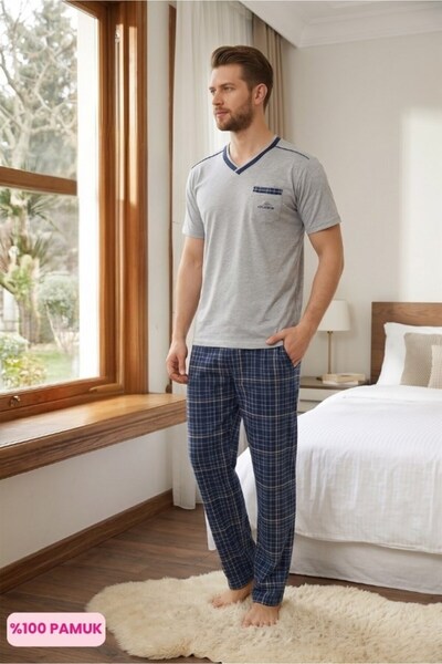 bie's Ανδρικό σετ πιτζάμες με καρό σχέδιο, χωρίς κουμπιά, με λαιμόκοψη V, 100...