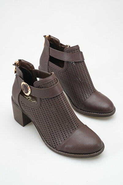 LDR Γυναικείες καφέ δερμάτινες καλοκαιρινές μπότες με φερμουάρ και τακούνι