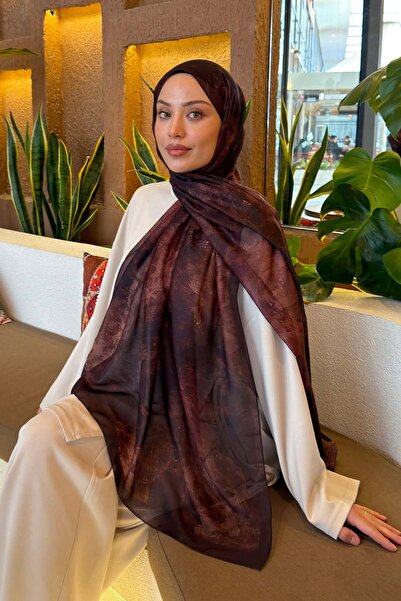 lamelif Rose Flower Pattern Ferah Shawl Dark Brown