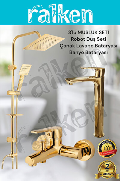 RALKEN 3'lü Gold (Altın) Banyo Seti; Robot Duş Seti, Banyo Bataryası ve Çanak...