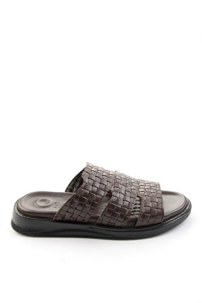 Bambi Καφέ ανδρικές παντόφλες από γνήσιο δέρμα E04433901016