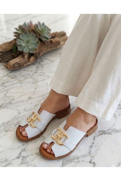 Ender Εσωτερικές και εξωτερικές γυναικείες παντόφλες από γνήσιο δέρμα με χρυσ...