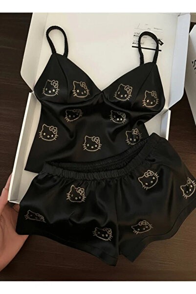 Bravebell Set negru elegant Hello Kitty cu detalii din piatră, top și pantaloni