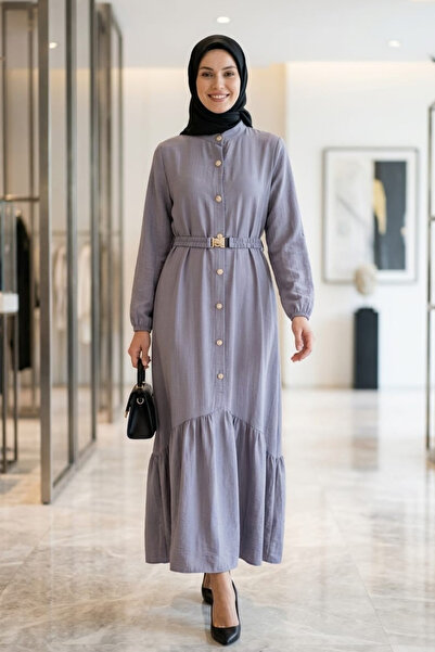 Hb Harma Time Butik Γυναικείο υφασμάτινο φόρεμα σε γκρι φράουλα με ζώνη στη μ...