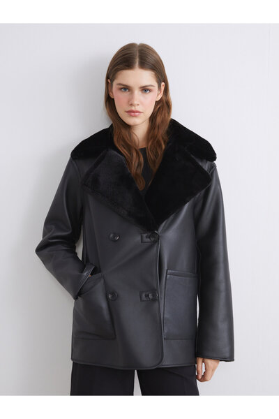 LC Waikiki Fur Collar Women's Faux Leather Coat