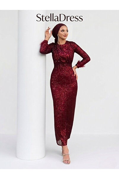 StellaDress Kolu Tüylü Pul Payetli Tesettür Abiye
