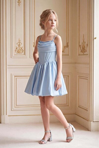 BUTİKHAPPYKİDS Βραδινό φόρεμα για κορίτσια, μπλε ντραπέ με παγιέτες, ύφασμα κ...