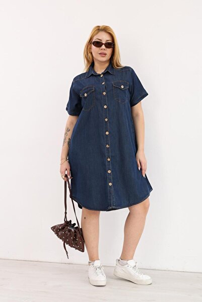 Siyezen Βαμβακερό τζιν φόρεμα με κουμπιά σε μεγάλο μέγεθος