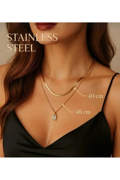 stainless steell gold renk italyan bakla zincirli kare model çelik kolye
