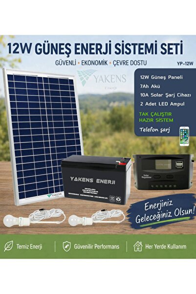 Yakens Enerji 12W Güneş Enerji Sistemi Seti – Telefon Şarjlı Taşınabilir Sola...