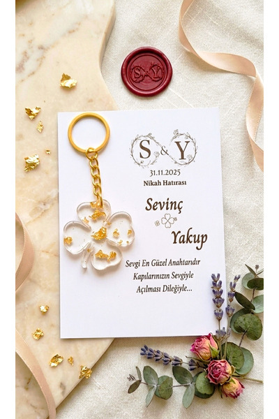 SEYVAYA 25 Adet Davetiyeli Tasarım Epoksi Yonca Anahtarlık,Kişiye Özel Söz,Ni...