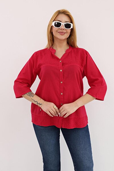 Siyezen Plus Size Lace Linen Shirt with Collar and Ruffles