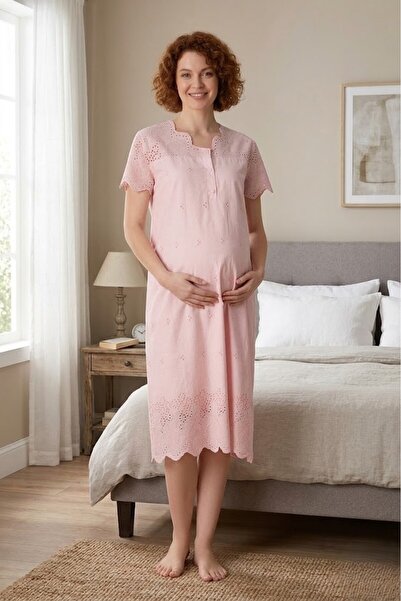 Pelin Women's Linen Scalloped Maternity Nightgown