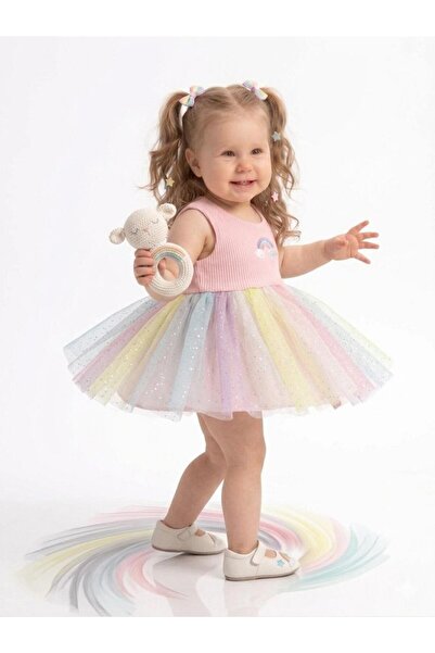 LITTLE&CO Kız Bebek Tül Elbise – Çiçek & Kiraz Desenli-Gökkuşağı Etek Yazlık ...