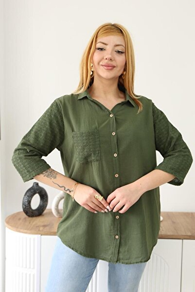 Siyezen Plus Size Lace Sleeve Linen Shirt