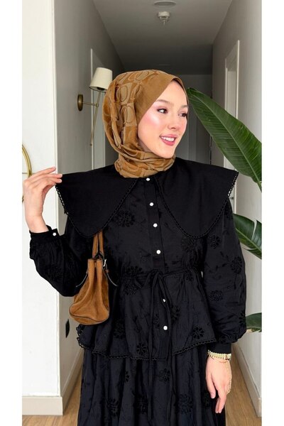 TrendParis Σετ πουκάμισο/φούστα με κέντημα Παπάτια και μεγάλο γιακά, μαύρο