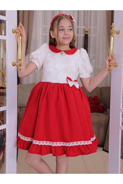 JC فستان بناتي أحمر أنيق بياقة دائرية وطوق شعر Violet Flower Boutique