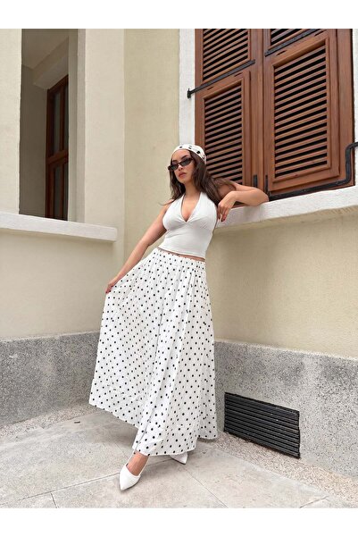 minaaise Εκρού-Μαύρη Μακριά Φούστα με Πουά Φόδρα 31118