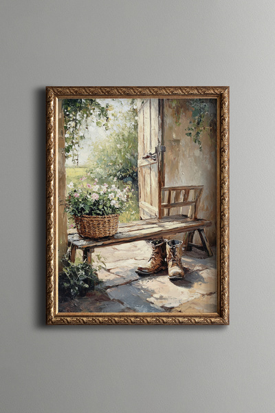 epiqart Açık Kapı Önünde Çiçekler ve Çizmeler - Vintage Desenli Çerçeve - İnc...