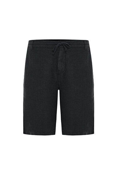 Mudo Men's Black Straight Fit Tie-Up Linen Shorts