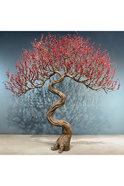 Roberto Rossi Bonsai artificial H330cm Prun cu trunchi din lemn cu flori rosii