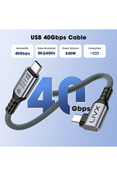 LivX USB4 Kablo 150cm 90 Derece USB-C to USB-C 40Gbps Veri Aktarım, 240W PD Hızlı Şarj, 8K@60Hz KLV-Y