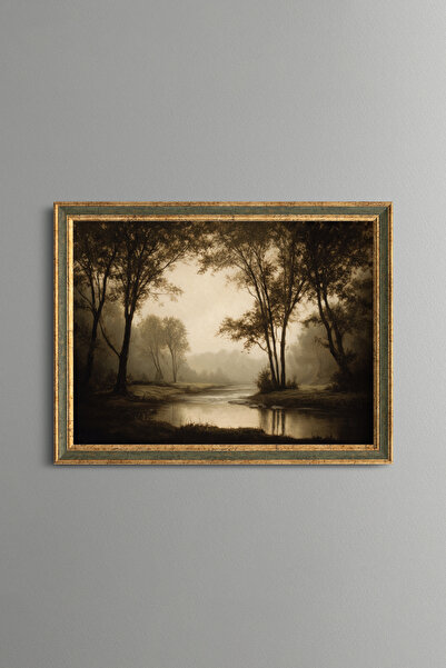 epiqart Foggy Forest and River Landscape - Vintage Patterned Frame - Slim Model
