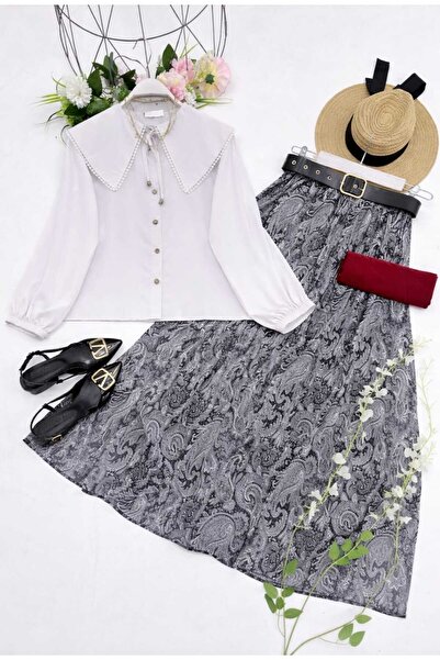 MODA VEDAT Γυναικείο Σετ με Φούστα Σιφόν με Λεπτομέρεια Πέτο και Σχέδιο Σάλι ...