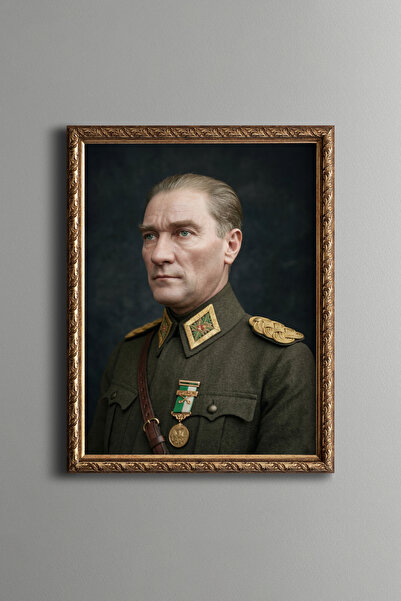 epiqart Uniformed Ataturk Portrait - Vintage Patterned Frame - Slim Model