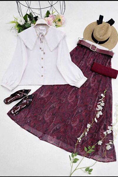 MODA VEDAT Γυναικείο Σετ με Φούστα Σιφόν με Λεπτομέρεια Πέτο και Σχέδιο Σάλι ...