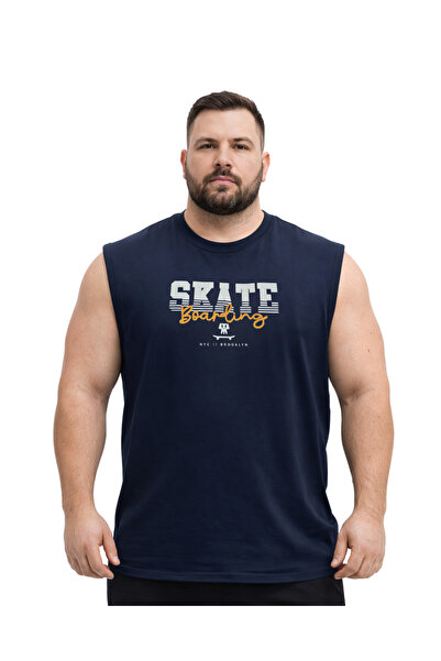 BattalModa Erkek Büyük Beden Lacivert Sıfır Kol Skate Tişört 3XL-4XL-5XL-6XL