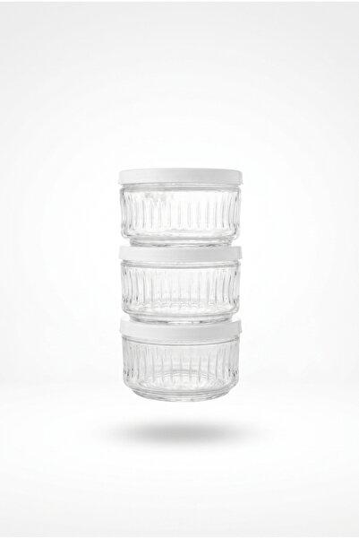 ZURİ DESİGN 3-Piece Glass Storage Container Transparent Glass Jar with Lid for Kitchen and Refrigerator Use White 425 Cc