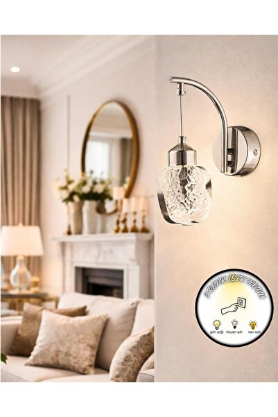 bella lighting Luxury Kristal Taş Gümüş Krom Cam Duvar Apliği 3 Renk Ledli El...