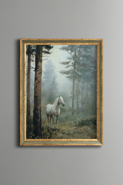 epiqart Sisli Ormanda Beyaz At - Vintage Desenli Çerçeve - İnce Model