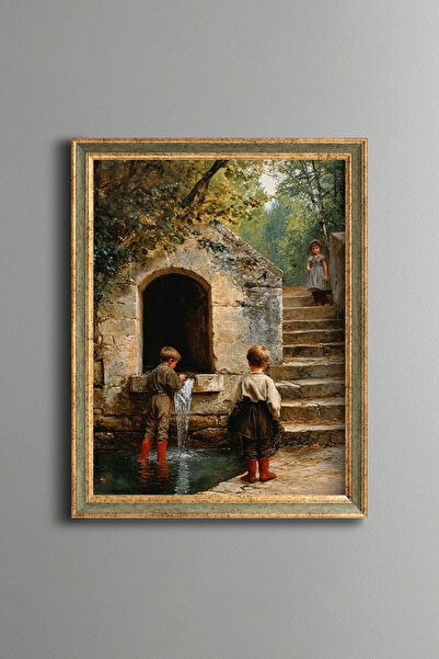 epiqart Children at the Fountain - Vintage Patterned Frame - Slim Model
