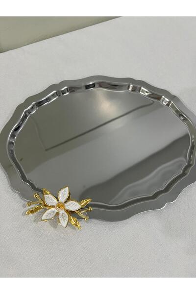 ciess dekor Oval Dalgalı Gold Papatya Aksesuarlı Servis & Sunum Tepsisi 1 Adet