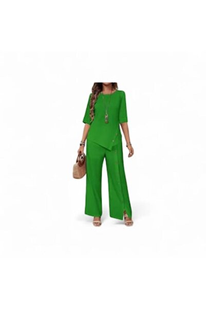 OEM Elegant Women's Two-Piece Set Blouse and Pants, Green 3XL INTL