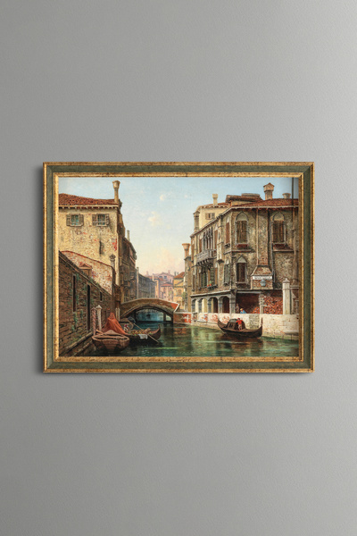 epiqart View of Venice Canal and Bridge - Vintage Patterned Frame - Slim Model