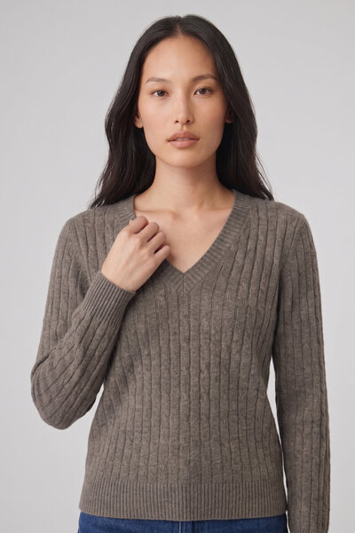 SMILE Agostina Dark Beige 100% Cotton V-Neck Knitwear Sweater