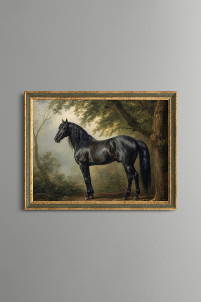 epiqart Black Horse and Forest Scenery - Vintage Patterned Frame - Slim Model