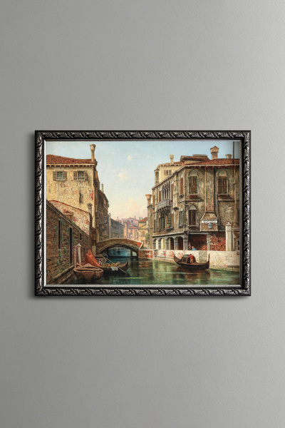 epiqart View of Venice Canal and Bridge - Vintage Patterned Frame - Slim Model