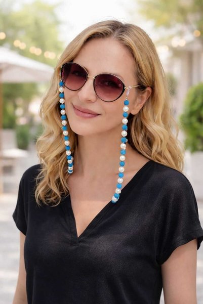 bonjorno aksesuar Blue White Beaded Glasses Chain Women's Stylish Eyeglass Strap Durable and Lightweight Design