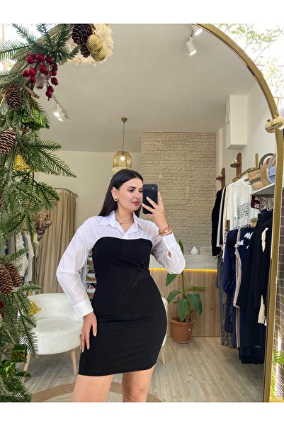 LOA Kadın Beyaz Gömlek Detaylı Siyah Mini Elbise Şık Günlük Ofis Elbisesi