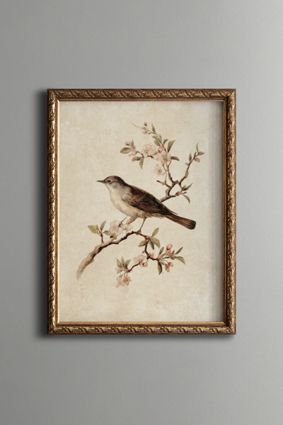 epiqart Birds and Flowers on a Branch - Vintage Patterned Frame - Slim Model